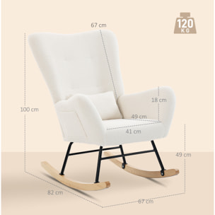 Silla Mecedora Moderna, Mecedora Tapizada en Terciopelo de Teddy, Sillón de Lactancia con Respaldo Acolchado Alto, Almohada, Patas de Madera, Bolsillo Lateral, para Dormitorio, Salón, Crema