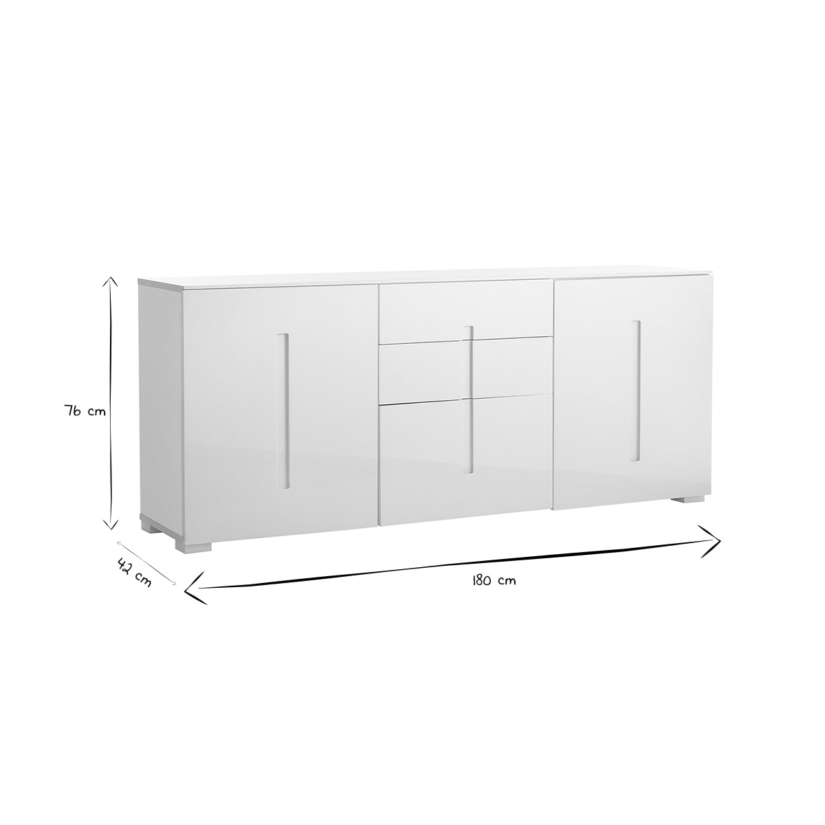 Buffet design blanc laqué brillant 2 portes 3 tiroirs L180 cm TED