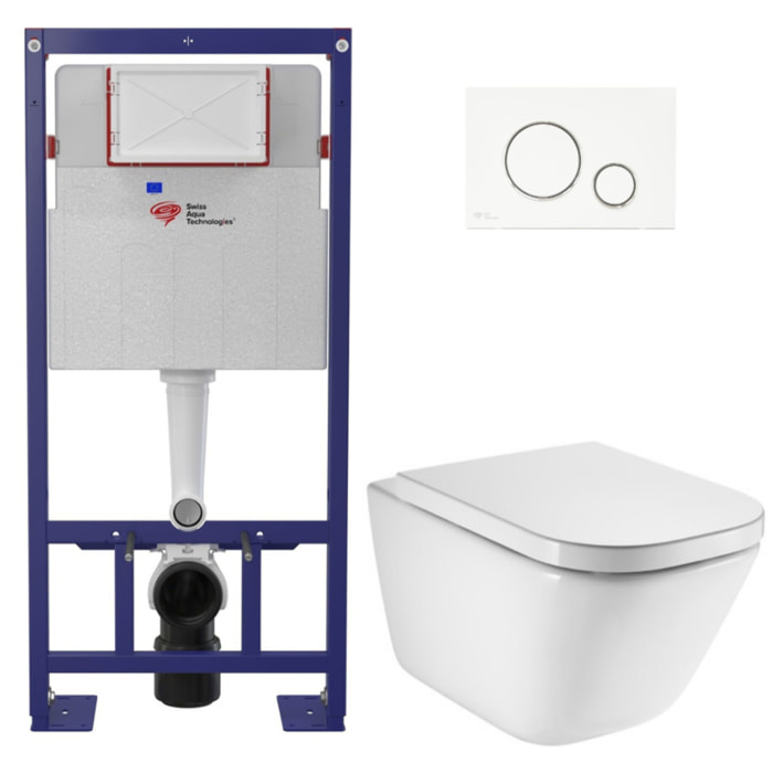 Pack WC bâti-support autoportant + WC suspendu sans bride avec abattant SoftClose + plaque blanche (STROGAWR04-U)
