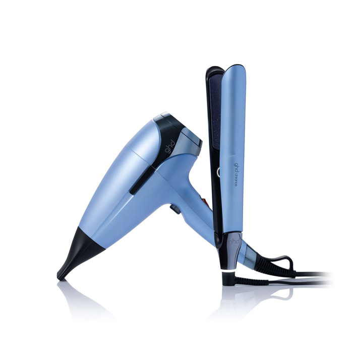 Coffret lisseur ghd chronos et sèche-cheveux ghd helios bleu glacier et son vanity beauté