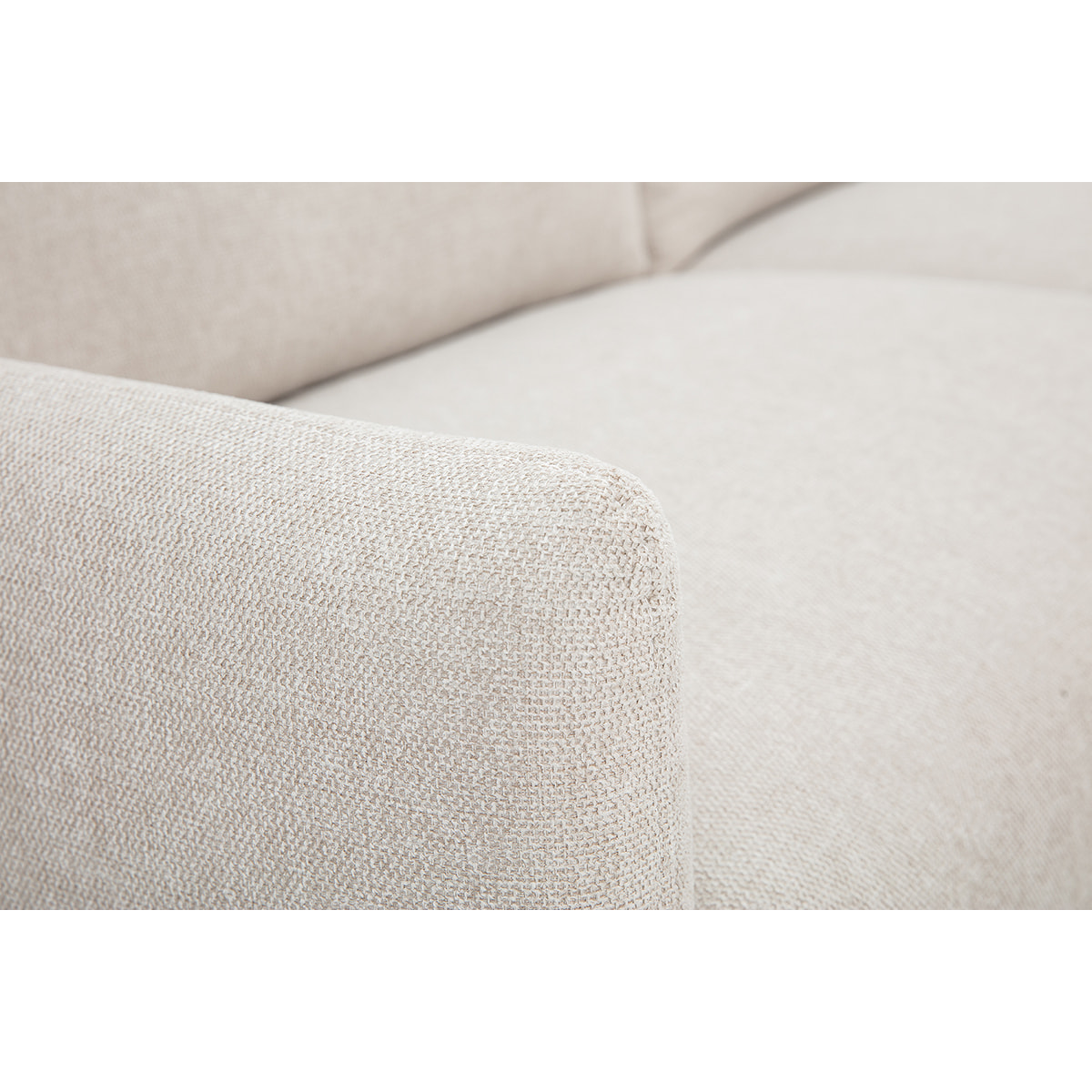 Canapé design 3 places en tissu effet velours texturé beige et bois clair BONO