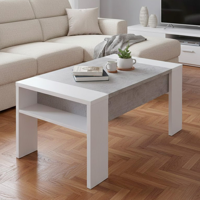 Tavolino Da Salotto Trasformabile Con Piano Sollevabile E Vano Contenitore Moderno Per Smart Working 98 x 50 x 43 Cm Colore Bianco E Grigio Cemento