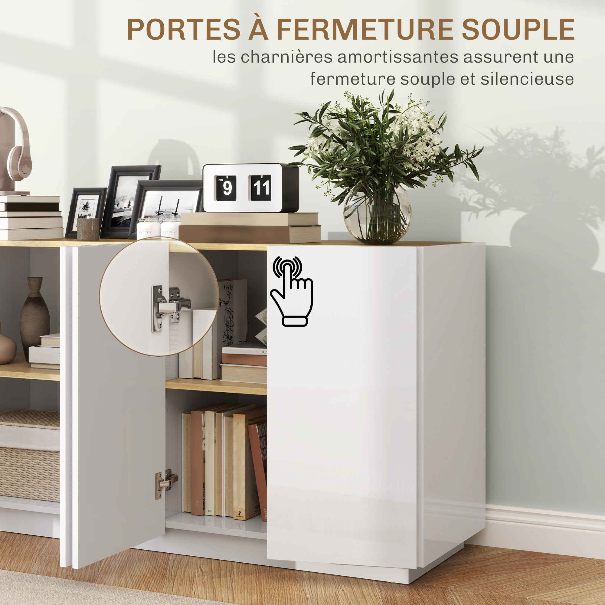 Buffet design contemporain blanc laqué plateau aspect bois clair - dim. 140L x 40l x 75H cm - 4 portes, 2 étagères