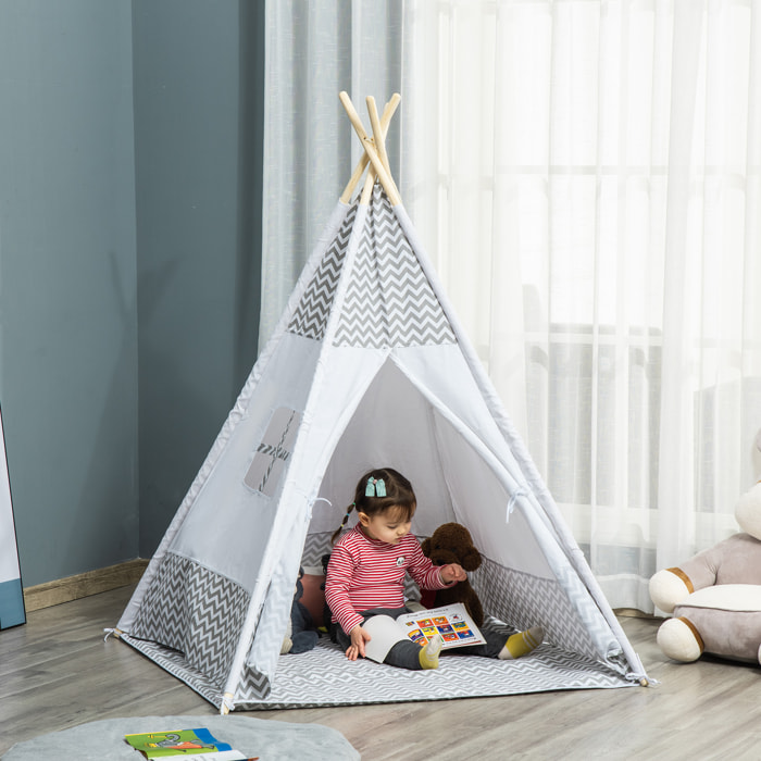Tienda de Campaña para Niños de +3 Años Tipi Infantil de Madera Portátil con Ventana Colchoneta y Bolsa de Transporte para Interiores y Exteriores 120x120x155 cm Gris