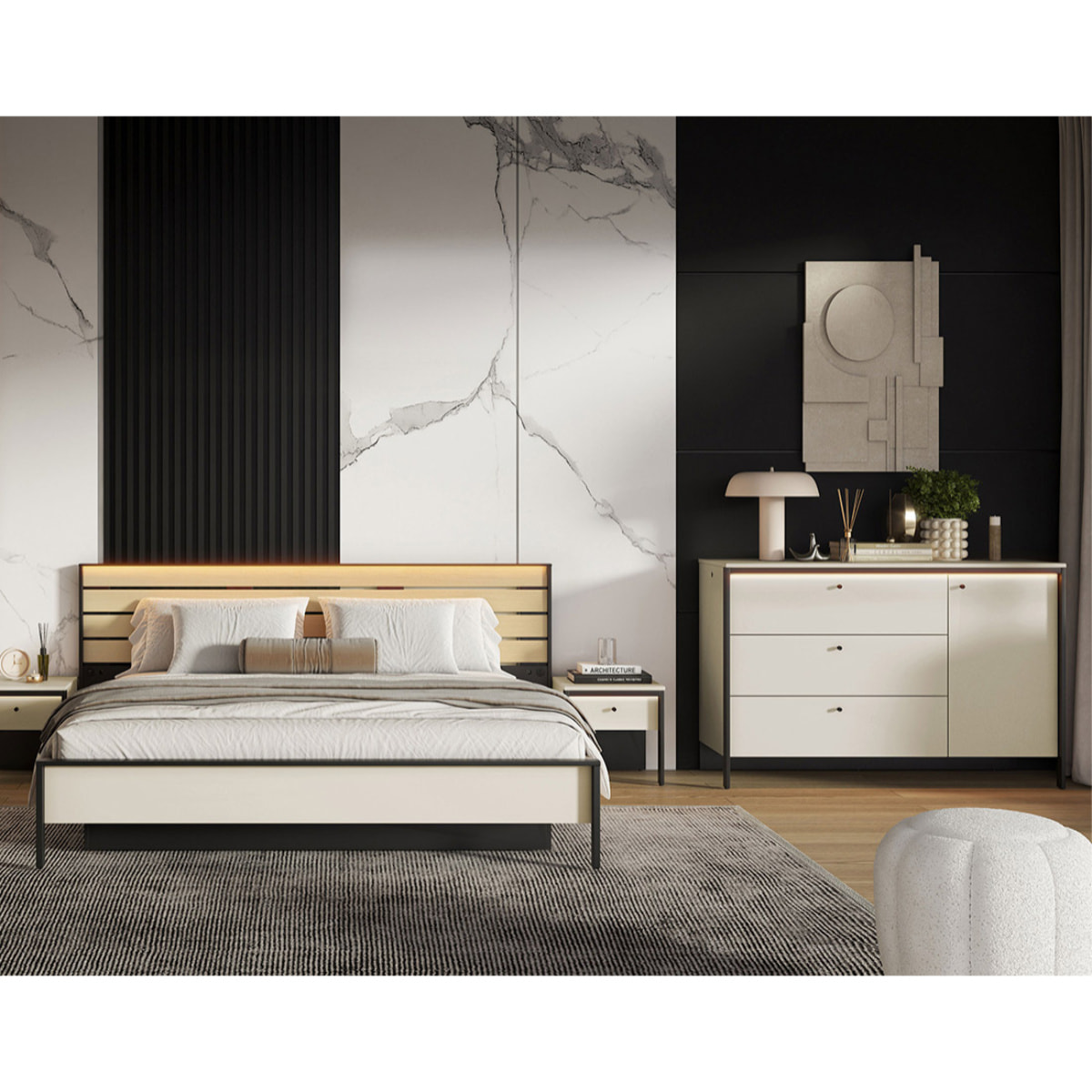 Kimi - lit coffre - 160x200 cm - sommier et port USB inclus - Beige / Noir