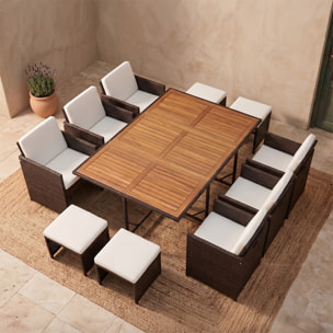 Salon de jardin 10 pl en résine marron et coussins beige + housse CASCO