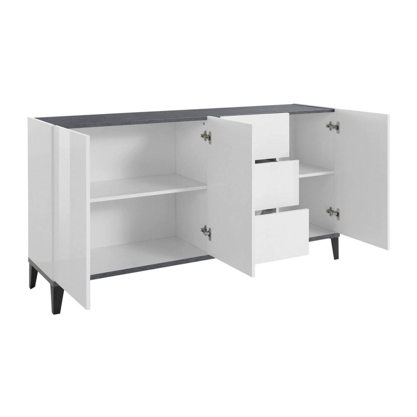 Credenza moderna a 3 ante e 3 cassetti, Made in Italy, Madia da cucina rialzata, Buffet di design da soggiorno, Cm 160x40h82, Bianco lucido e Ardesia