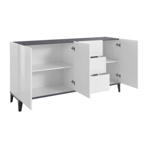 Credenza moderna a 3 ante e 3 cassetti, Made in Italy, Madia da cucina rialzata, Buffet di design da soggiorno, Cm 160x40h82, Bianco lucido e Ardesia