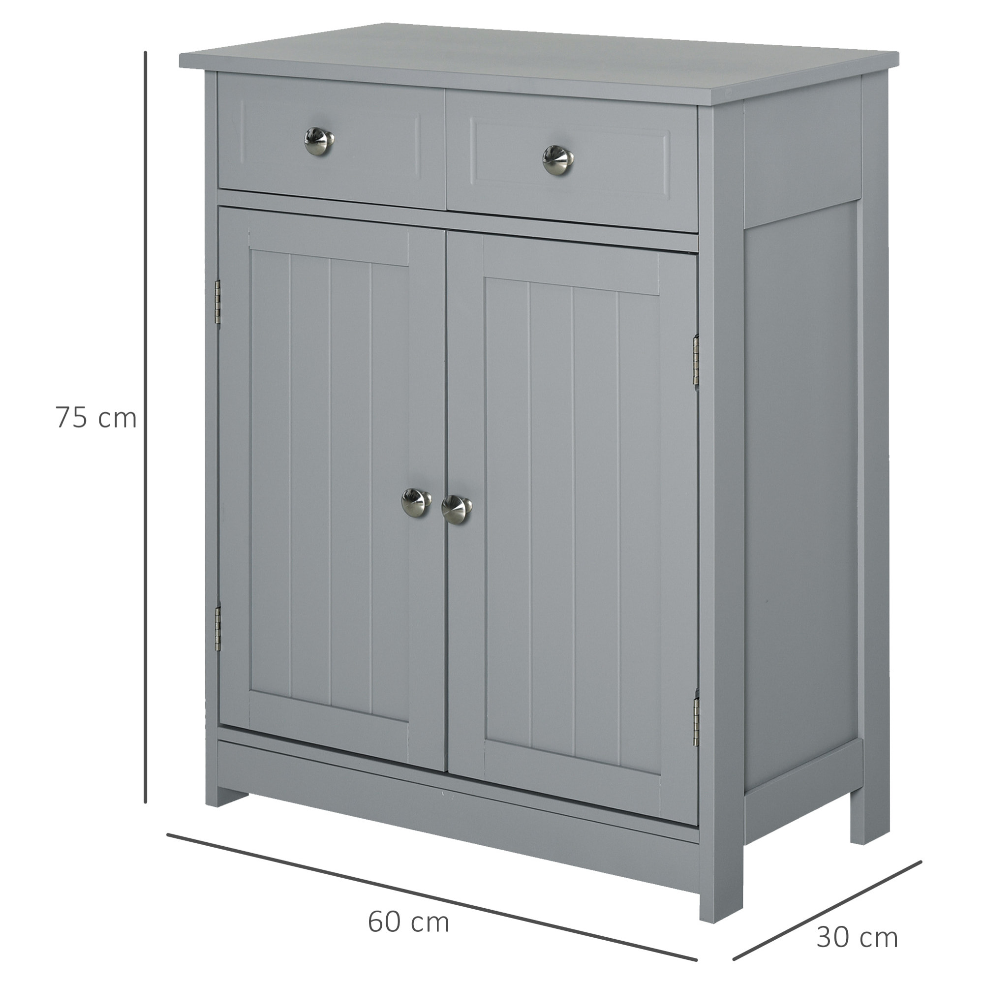 Meuble bas de salle de bain sur pied 2 portes avec étagère réglable 2 tiroirs poignées boutons métal MDF gris