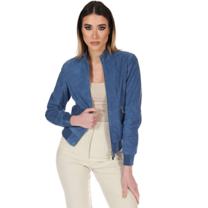 Bomber in pelle camoscio blu denim colletto coreana