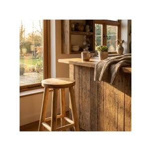 Tabouret de bar rond artisanal 75 cm de haut en bois de teck - MUFASA