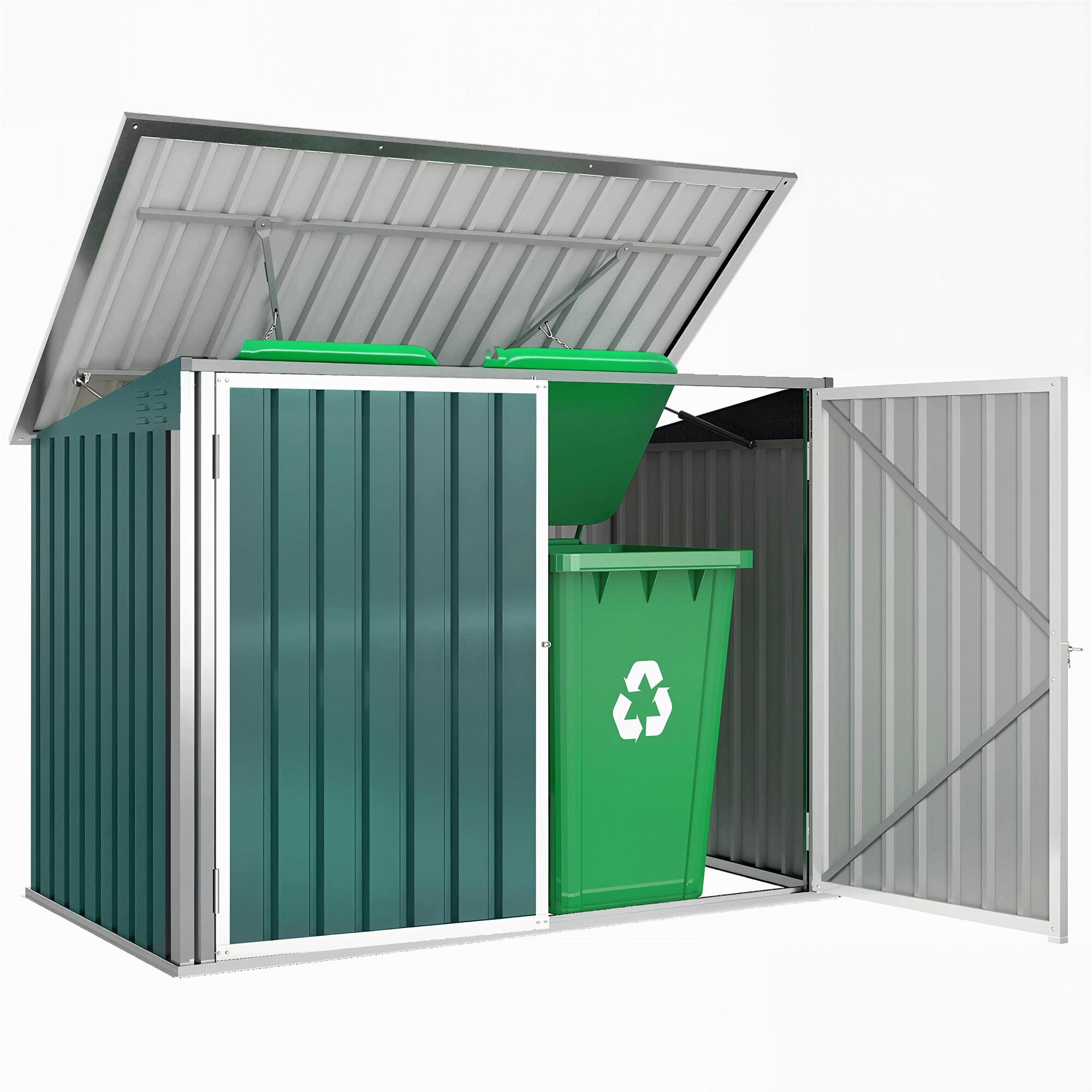 Abri de poubelle jardin - cache poubelle - 2 portes verrouillables, toit ouvrant - tôle d'acier blanc vert