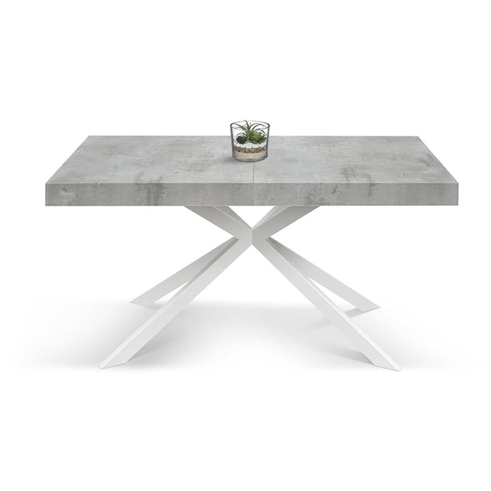 Tavolo CAMAIORE in legno, finitura grigio cemento e base a X in metallo bianco, allungabile 180×90 cm – 260×90 cm