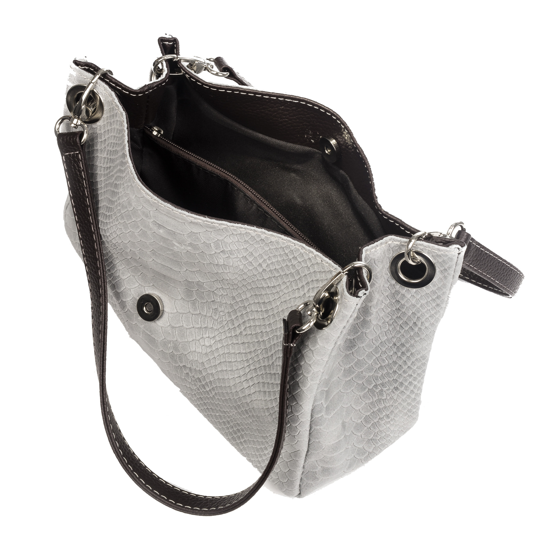 FIRENZE ARTEGIANI Anzio Borsa a Spalla da Donna. Vera Pelle Scamosciata Incisione Serpente Made in Italy 28x12x17 Cm. Grigio