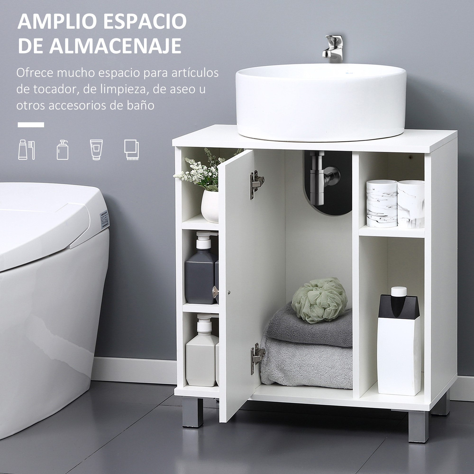 kleankin Mueble para Debajo del Lavabo Armario Baño de Suelo de Madera con 5 Compartimentos Abiertos y 1 Puerta Diseño Compacto Moderno 60x30x68 cm Blanco