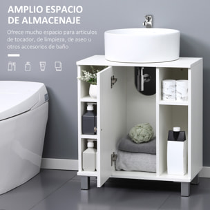 kleankin Mueble para Debajo del Lavabo Armario Baño de Suelo de Madera con 5 Compartimentos Abiertos y 1 Puerta Diseño Compacto Moderno 60x30x68 cm Blanco