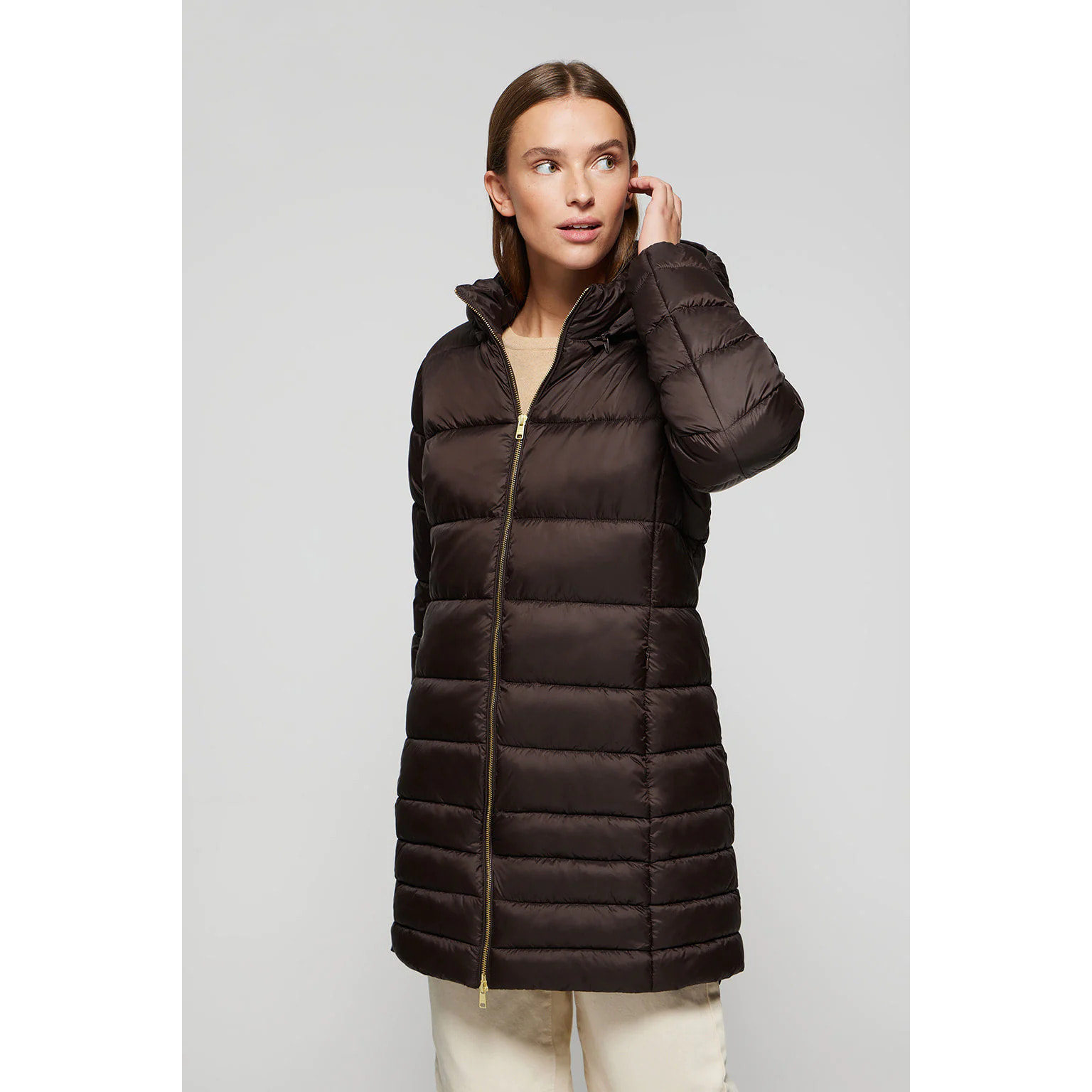 Cappotto Corinne marrone ultralight con cappuccio e particolari Polo Club