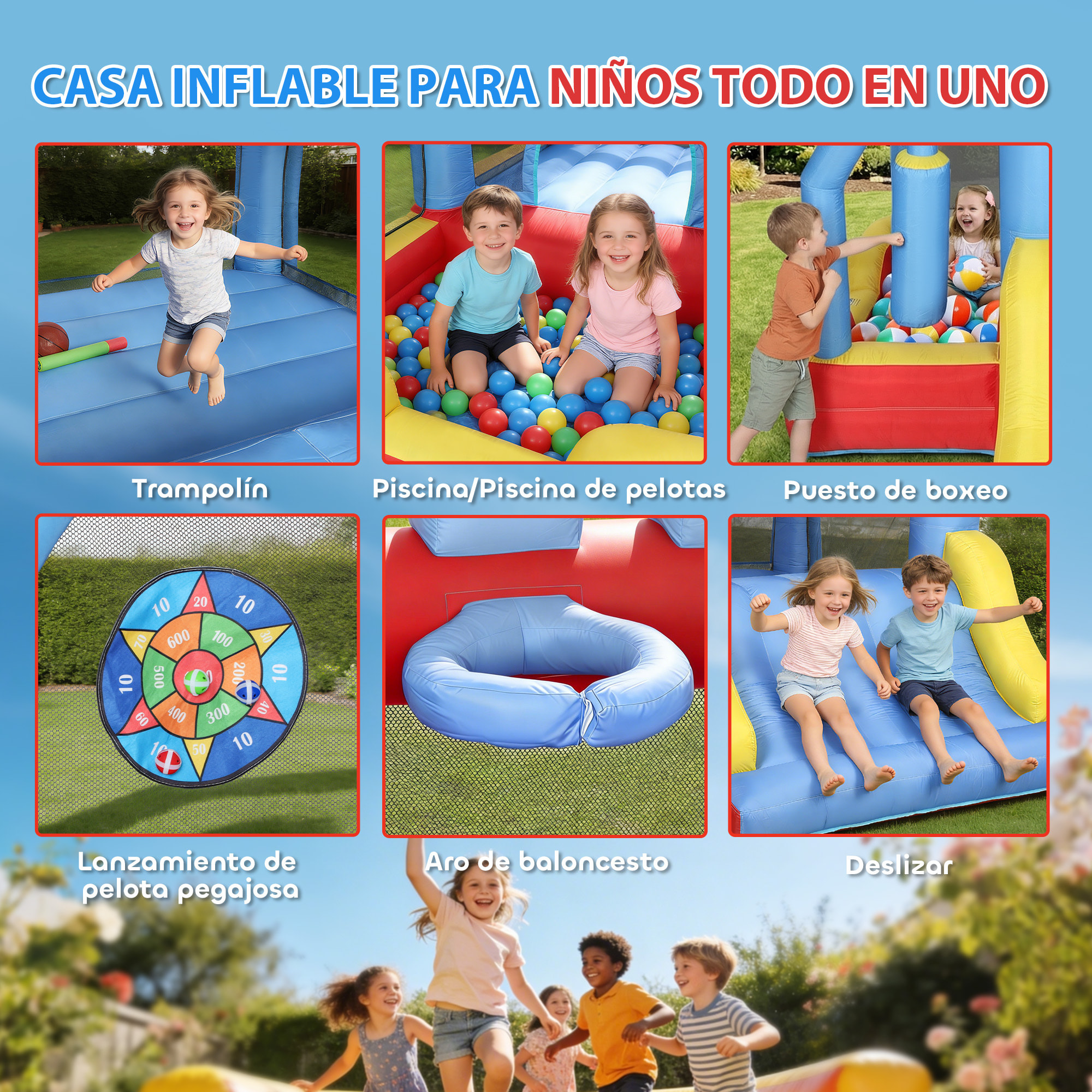 Castillo Hinchable para Niños con Soplador, Castillo Hinchable con Tobogán, Trampolín, Piscina, Pilar de Boxeo y Aro de Baloncesto, para Niños 3-8 Años, Interior y Exterior, 277x270x215 cm