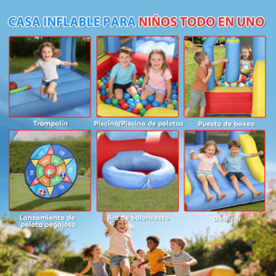 Castillo Hinchable para Niños con Soplador, Castillo Hinchable con Tobogán, Trampolín, Piscina, Pilar de Boxeo y Aro de Baloncesto, para Niños 3-8 Años, Interior y Exterior, 277x270x215 cm