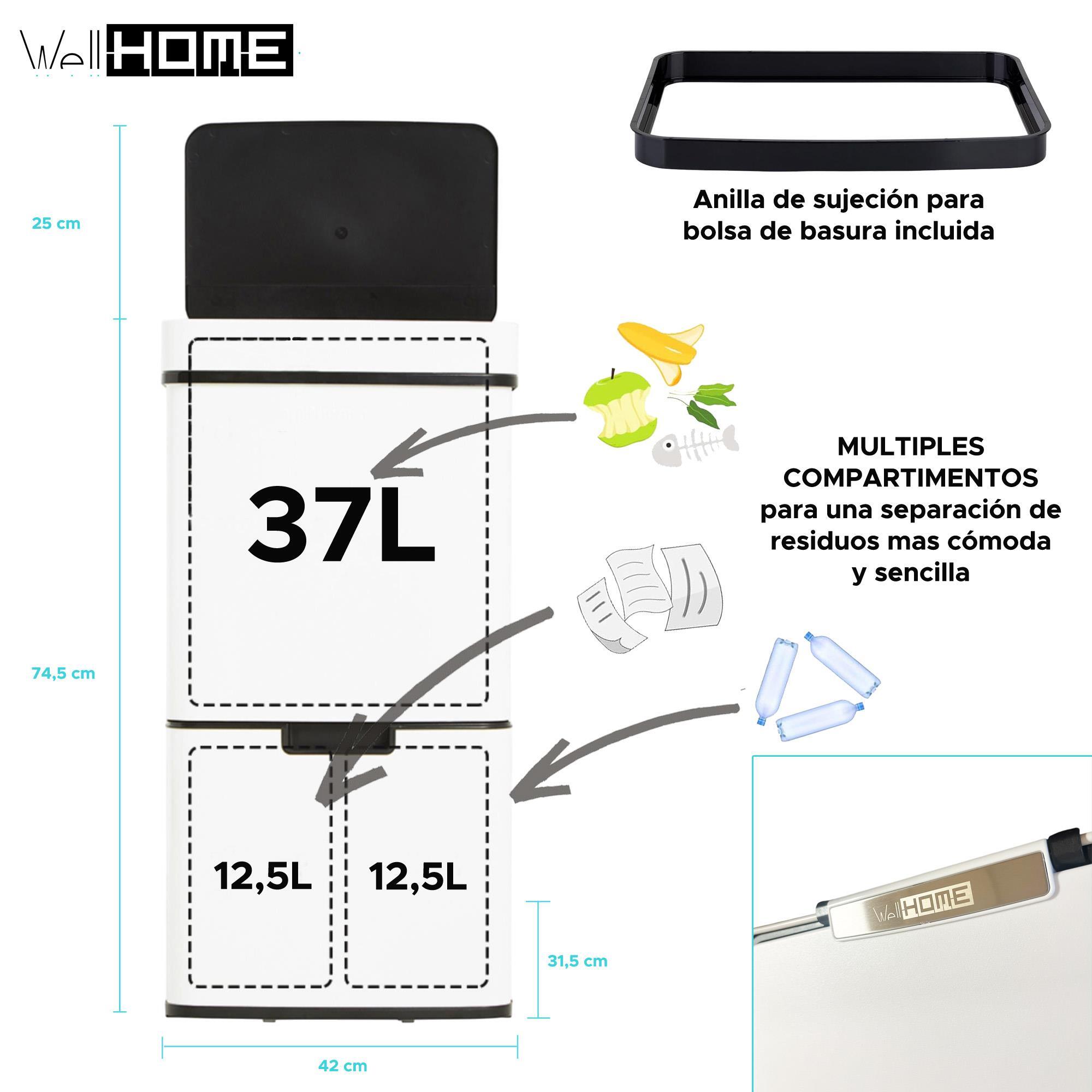 Well home papelera de reciclaje 62l (37l+25l), cubo de basura con 2 compartimentos, apertura automática con sensor, en acero inoxidable, blanco