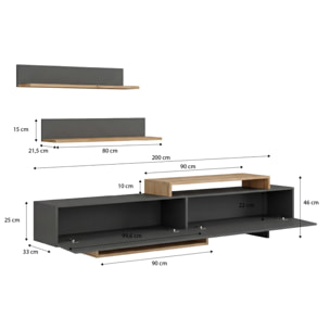 Salón con mueble TV y estanterías en gris grafito y alpino 200 cm Bender Gris Grafito - Alpino