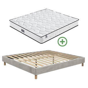 Ensemble matelas Univers & sommier Cancun | Mémoire de forme et ressorts ensachés | Cadre à lattes | Velours côtelé | Gris clair
