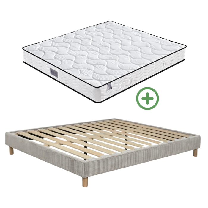 Ensemble matelas Univers & sommier Cancun | Mémoire de forme et ressorts ensachés | Cadre à lattes | Velours côtelé | Gris clair