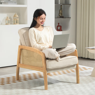 Sillón de Salón Moderno Butaca para Dormitorio con Reposabrazos de Ratán Cojín Extraíble y Patas de Madera Sofá Individual Carga 120 kg para Oficina Sala de Estar Beige