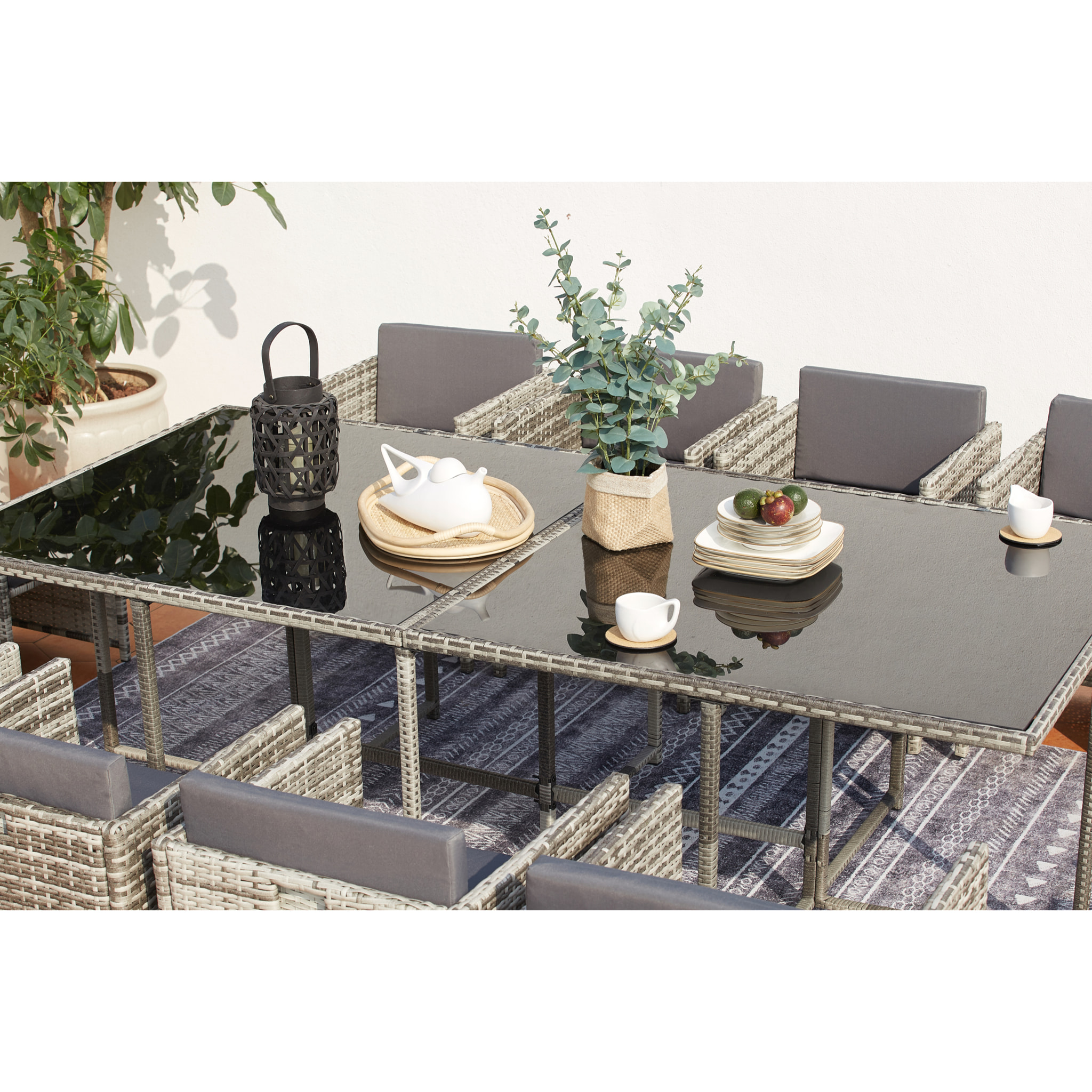 Salon de jardin encastrable 12 personnes en résine tressée gris REGINA