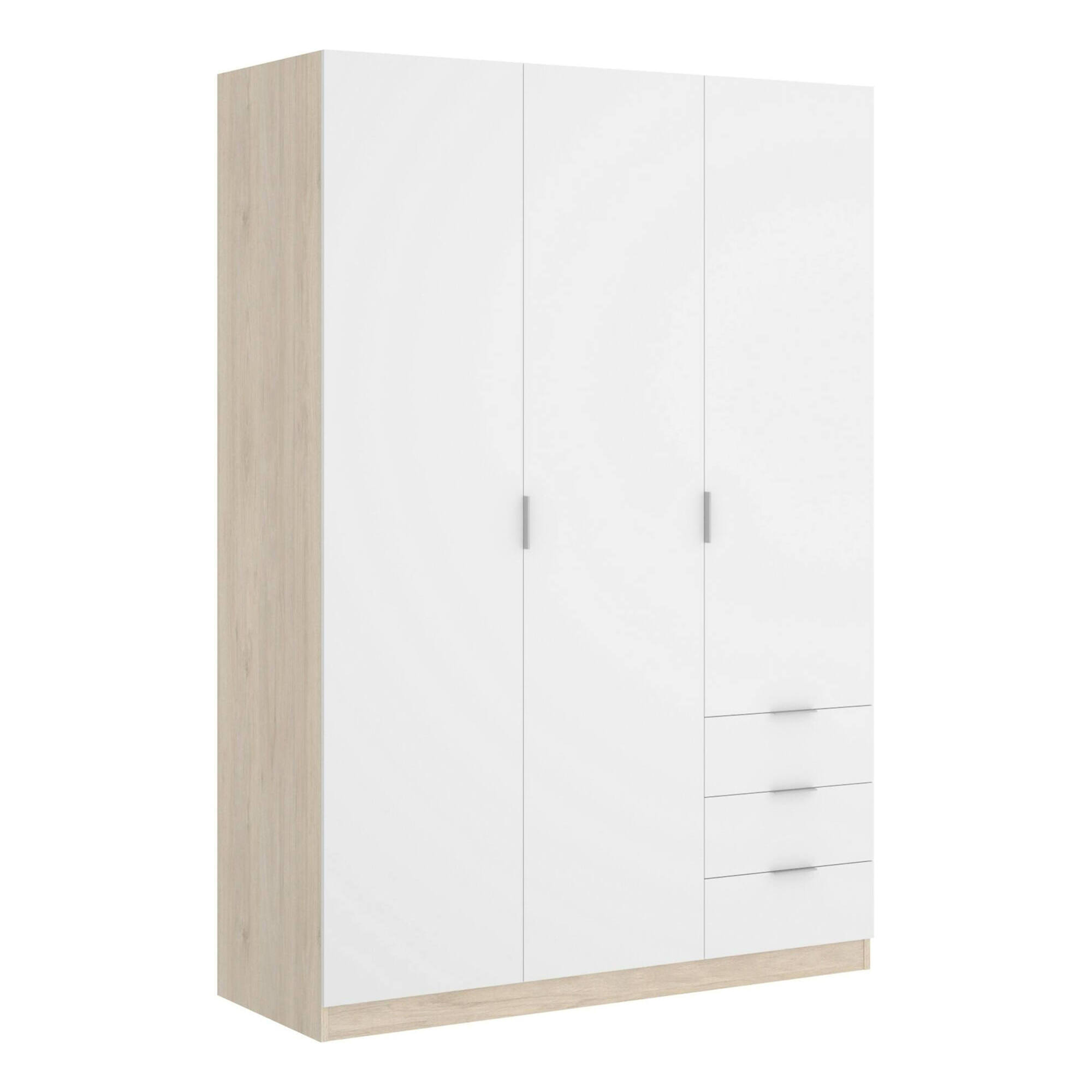 Guardaroba Cimone, Mobile appendiabiti per camera da letto, Armadio a 3 ante battenti e 3 cassetti, 121x52h184 cm, Bianco e Rovere