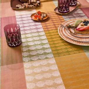 Serviette pur coton motif jacquard vert orange Mille halos prunus