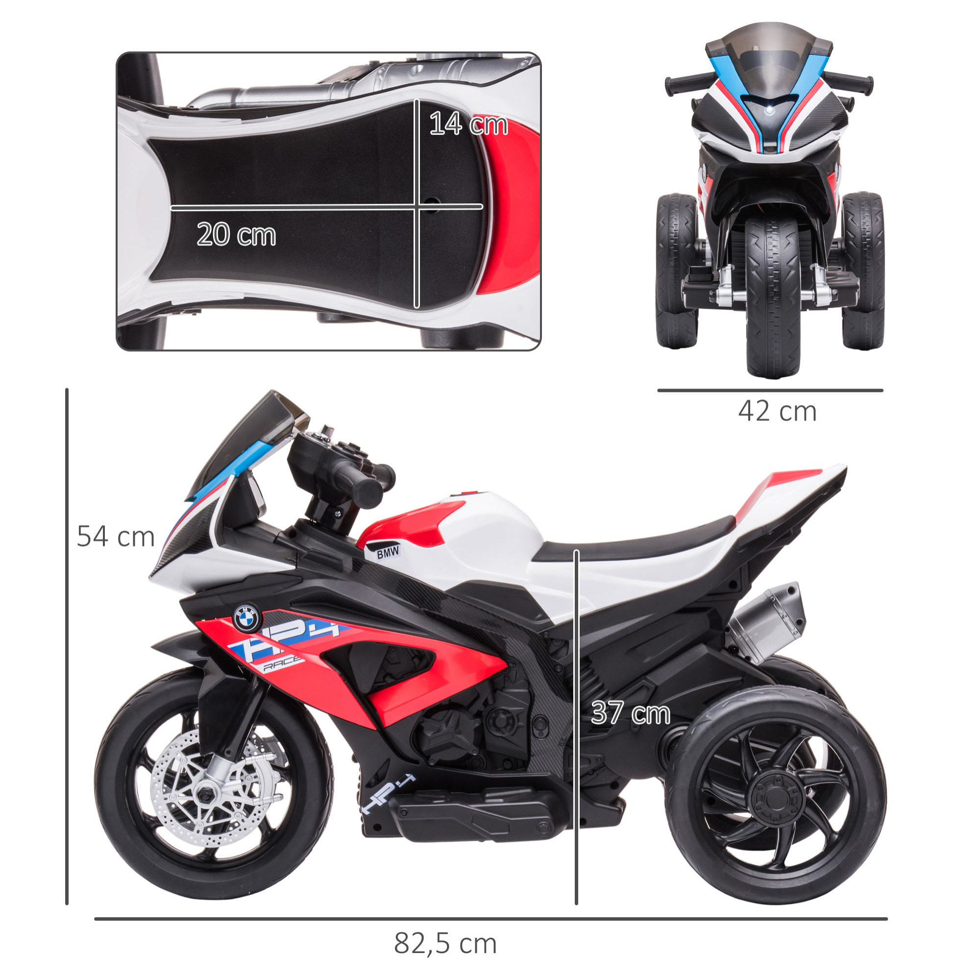 Moto Eléctrica BMW HP4 para Niños de +18 Meses Motocicleta de Batería 6V con Música USB Velocidad 2,5 km/h Avance y Retroceso Carga 30 kg 82,5x42x54 cm Rojo