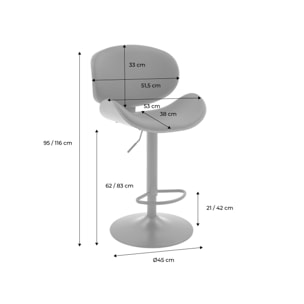 Lot de 2 tabourets de bar réglable décor bois courbé et simili cuir noyer et noir - L 53  P 51 x H 95-116cm - Dwight