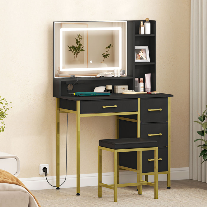 Tocador de Maquillaje con Espejo y Luces LED, Estación de Carga, Tocador con Taburete, 3 Colores de Luz, 4 Cajones de Tela, Estantes, para Dormitorio, Negro