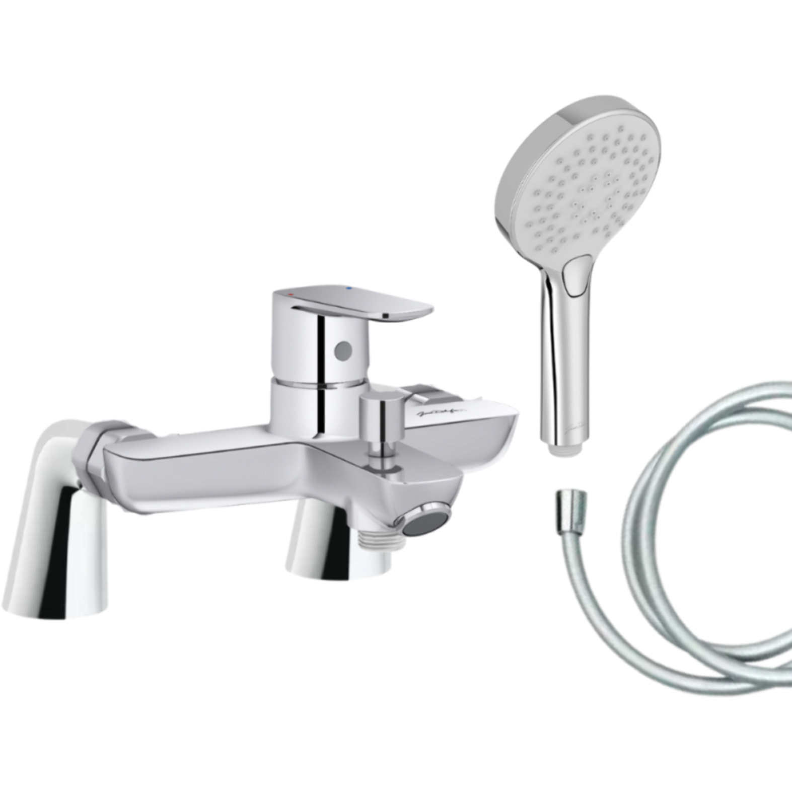 Mitigeur baignoire July+ + pommeau de douche Metro + flexible de douche lisse + colonnettes