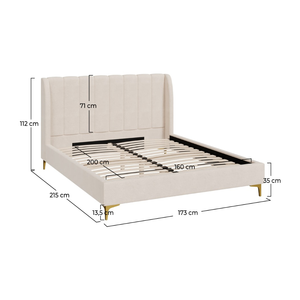 Lit double 160x200 cm en tissu beige et pieds doré - Koda