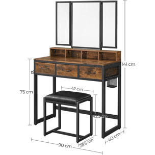 Toeletta industriale rustica con specchio tri-fold e sgabello in ecopelle RVT004B01