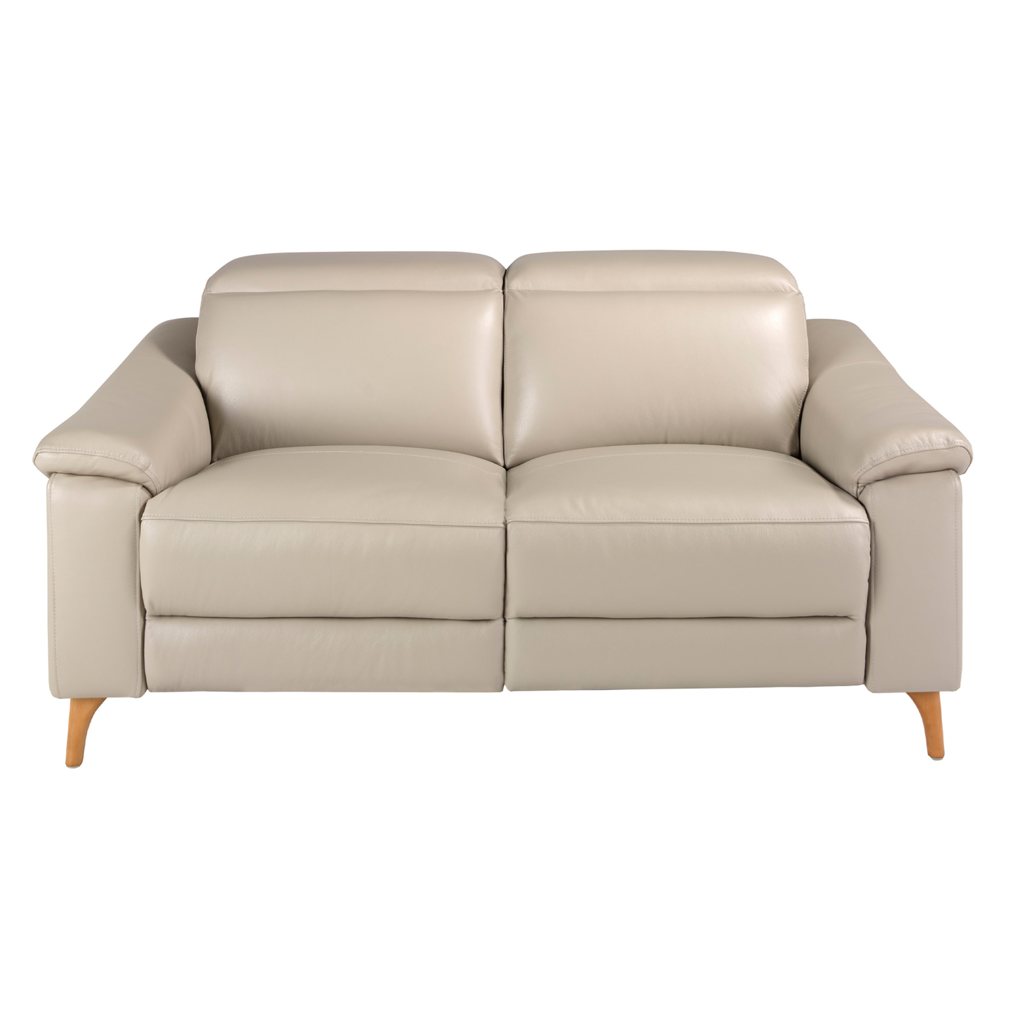 Sofá relax de 2 plazas tapizado en piel de origen vacuno en gris taupe con reposacabezas patas de madera en miel 2 sistemas de relax eléctrico 160x104x102cm