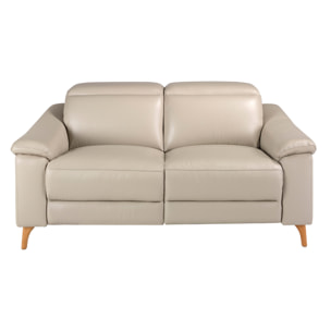 Sofá relax de 2 plazas tapizado en piel de origen vacuno en gris taupe con reposacabezas patas de madera en miel 2 sistemas de relax eléctrico 160x104x102cm