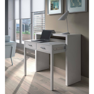 Consolle Billings, Scrivania con piano estensibile, Scrittoio porta PC con 2 cassetti, cm 99x36h88, Bianco