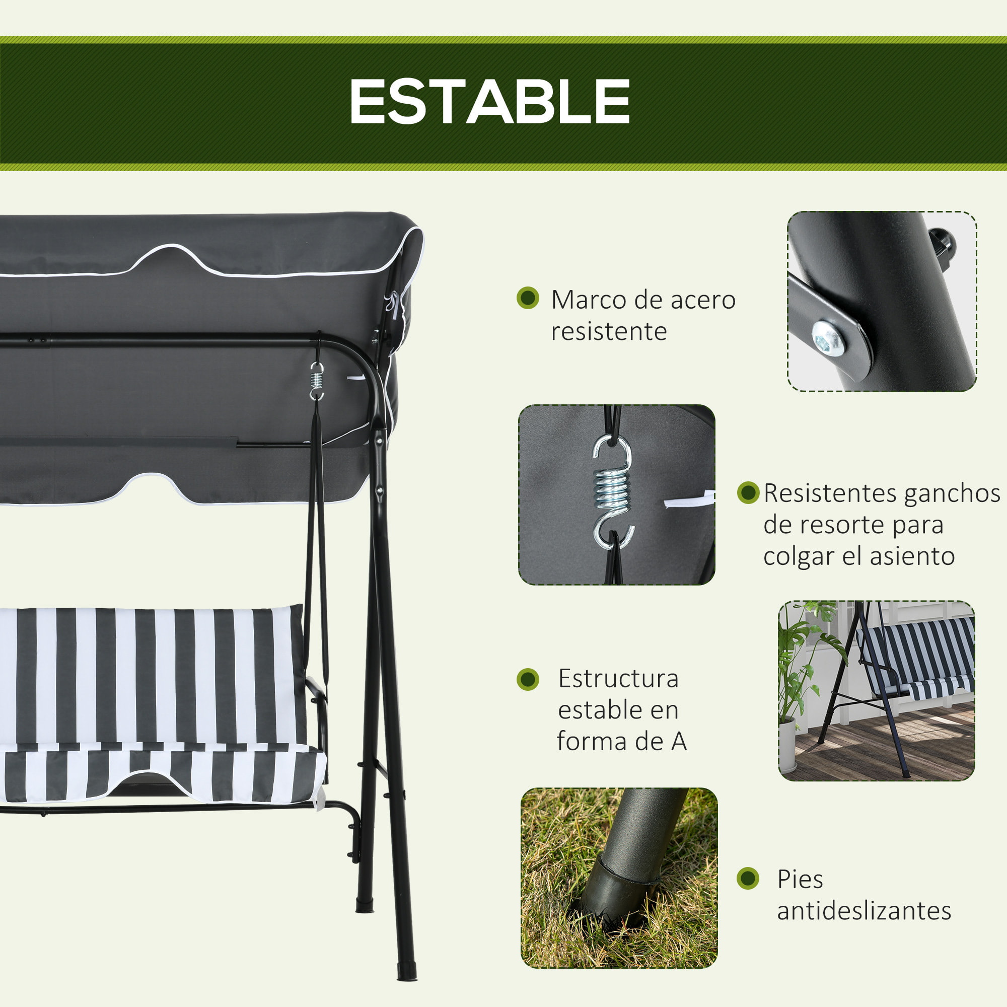 Columpio de Jardín Exterior de 3 Plazas, Balancín de Jardín Exterior con Techo Ajustable y Marco de Acero, para Balcón, Terraza, Patio, Carga 240 kg, 172x110x153 cm, Gris y Blanco