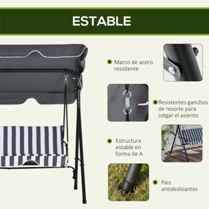 Columpio de Jardín Exterior de 3 Plazas, Balancín de Jardín Exterior con Techo Ajustable y Marco de Acero, para Balcón, Terraza, Patio, Carga 240 kg, 172x110x153 cm, Gris y Blanco