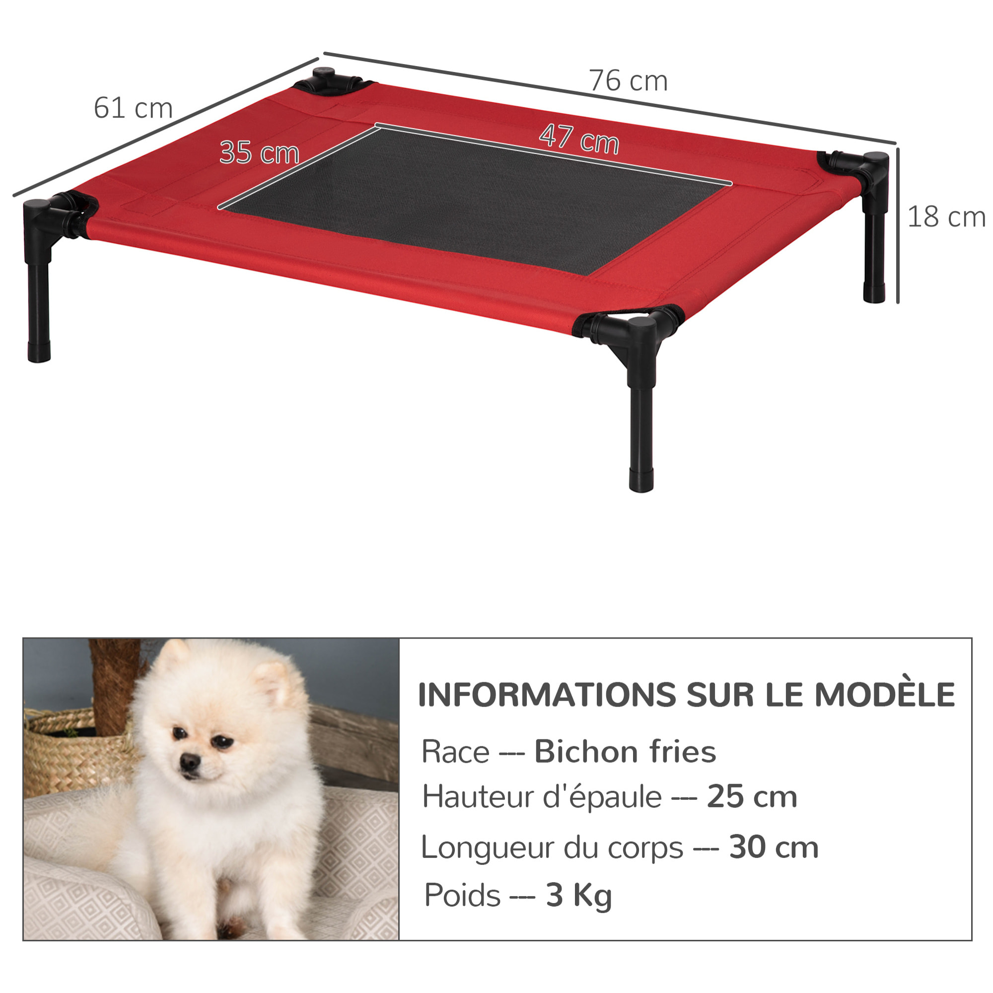 Lit surélevé pour chien chat dim. 76L x 61l x 18H cm avec sac métal époxy tissu oxford textilène micro-perforé rouge noir