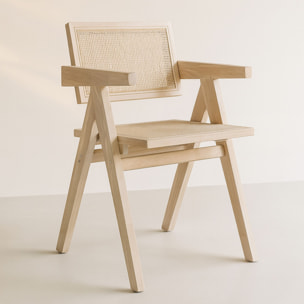 Chaise de bureau en bois de pin et canage beige HECTOR