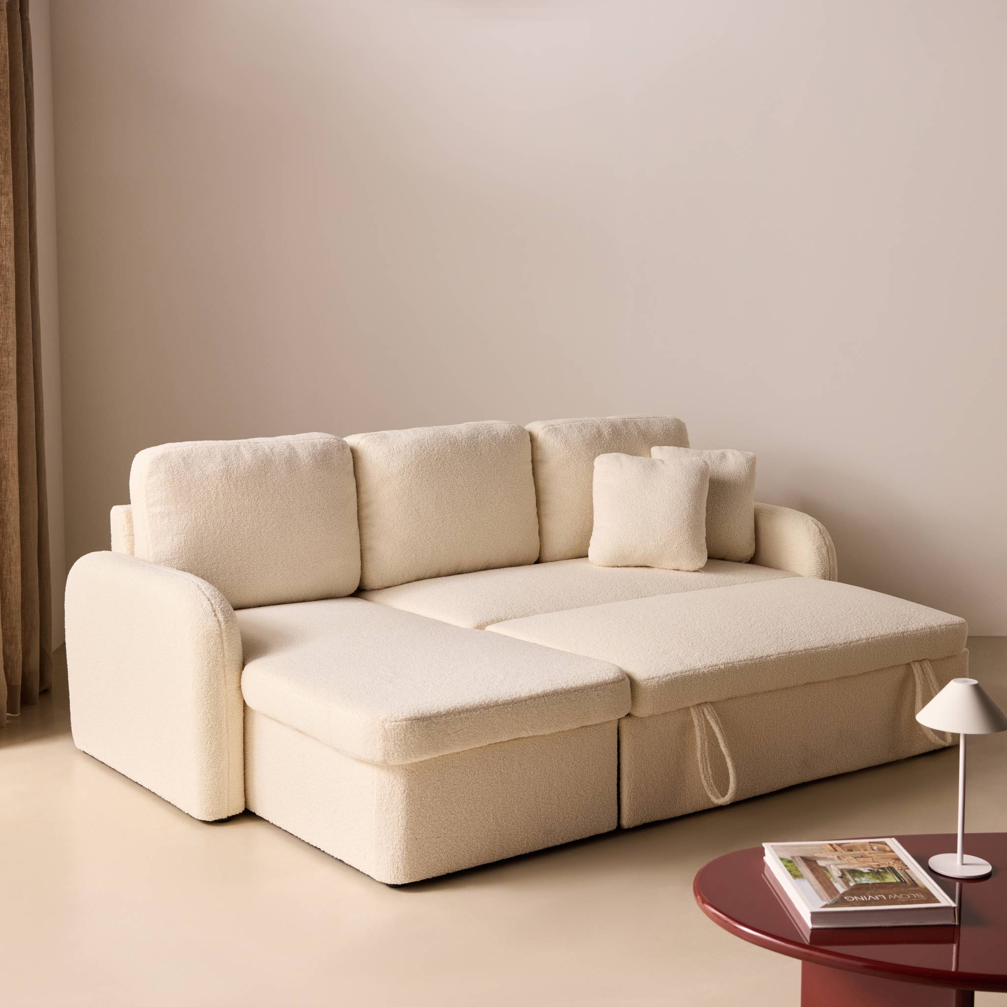 Canapé convertible réversible 3 places lignes arrondies bouclette avec coffre MILANO