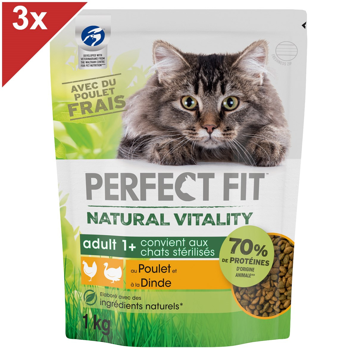 PERFECT FIT Natural Vitality Croquettes au Poulet et à la Dinde pour chat adulte (3x1kg)