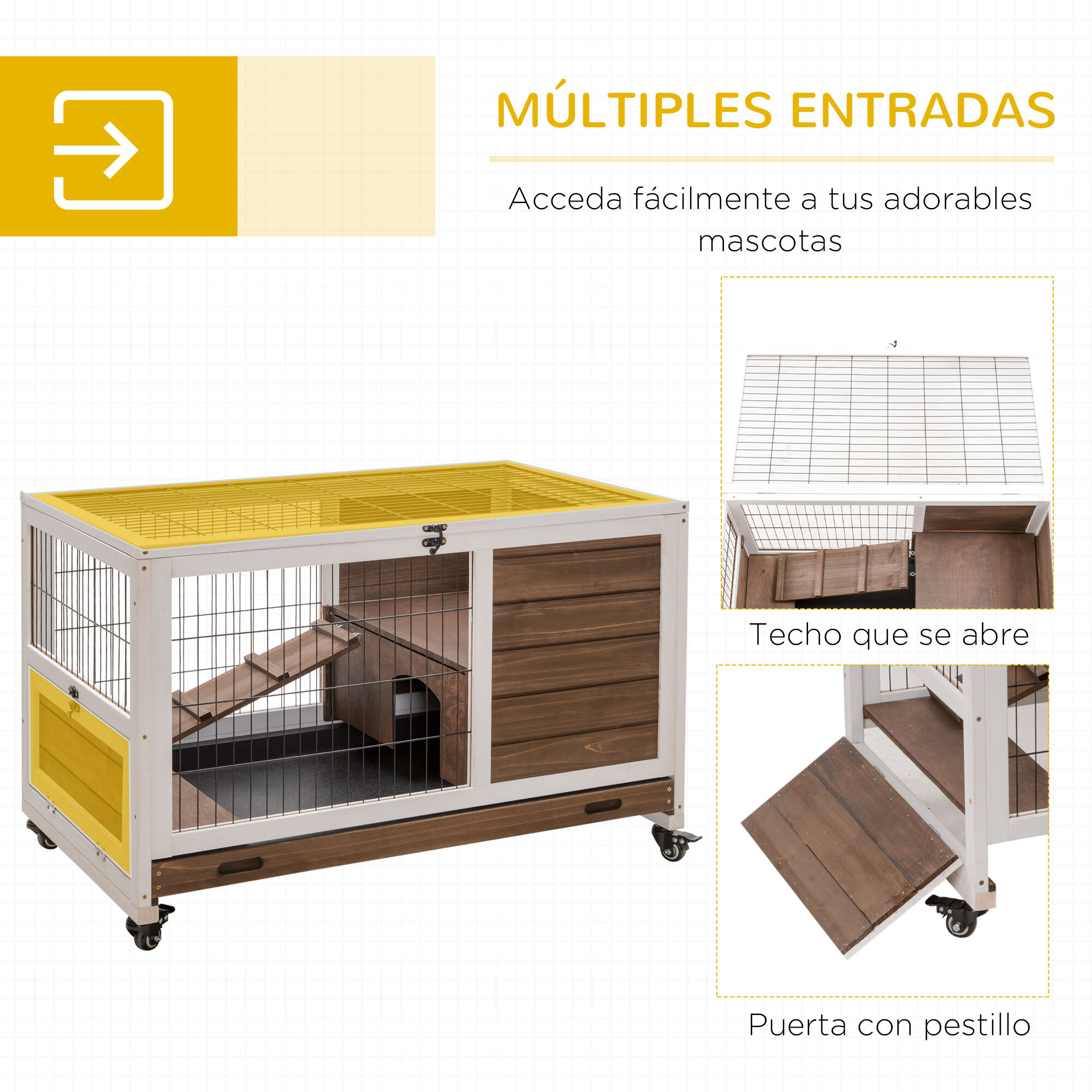 Jaula para Conejos de Madera Conejera para Mascotas Pequeñas Portátil Interior con Techo Abrible Rampa Bandeja Extraíble para Conejillos de Indias 90x53x59 cm Marrón