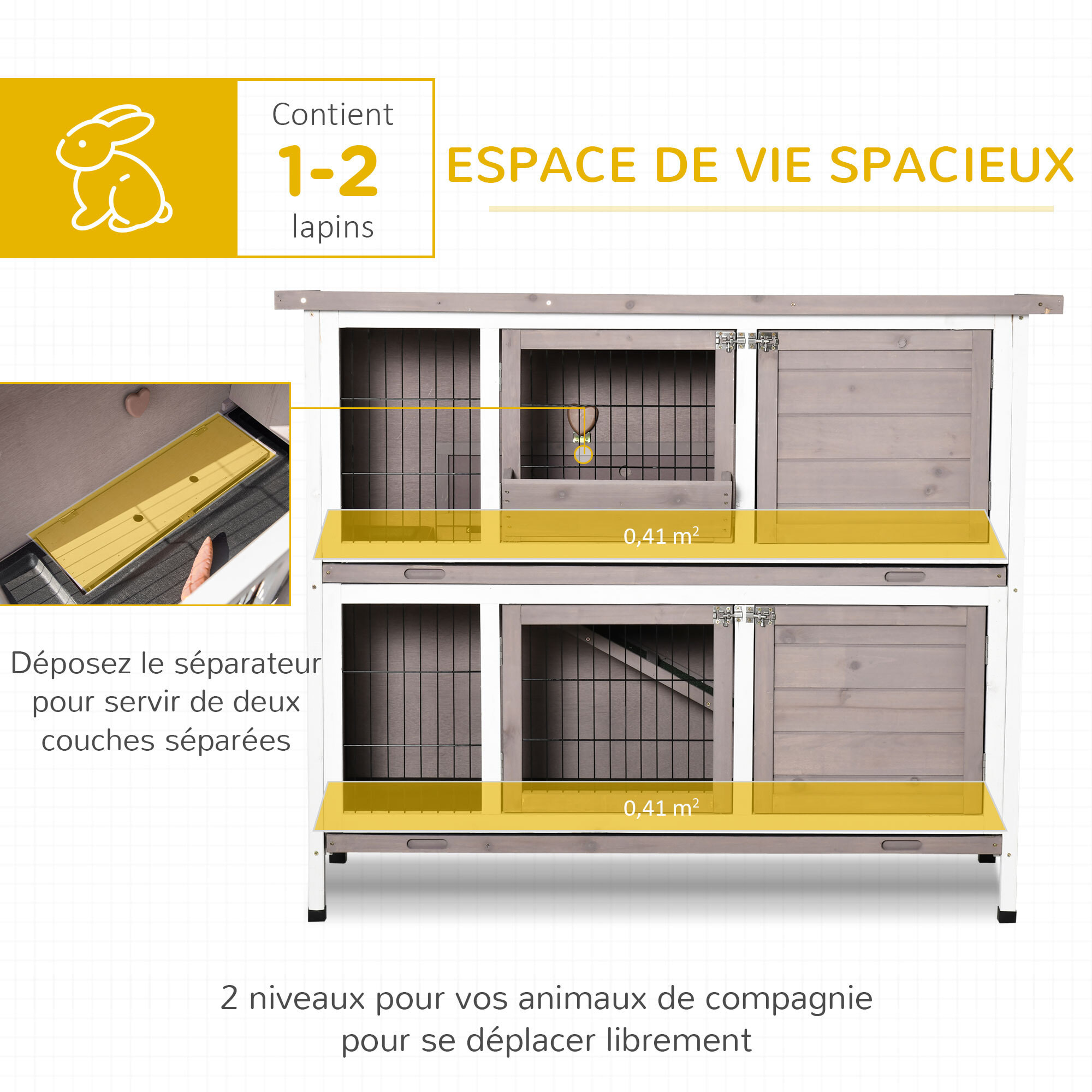 Clapier à lapin cage à lapin 2 étages trappe de séparation amovible 4 portes verrouillables 2 plateaux coulissants rampe toit ouvrant bois de sapin gris blanc