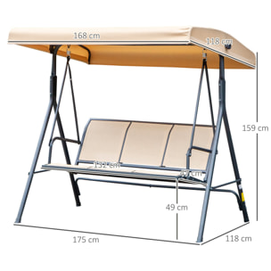 Columpio de Jardín Exterior de 3 Plazas con Toldo Reclinable, Balancín de Jardín Exterior con Respaldo Transpirable y Marco de Acero, para Terraza Balcón, 175x118x159 cm, Beige