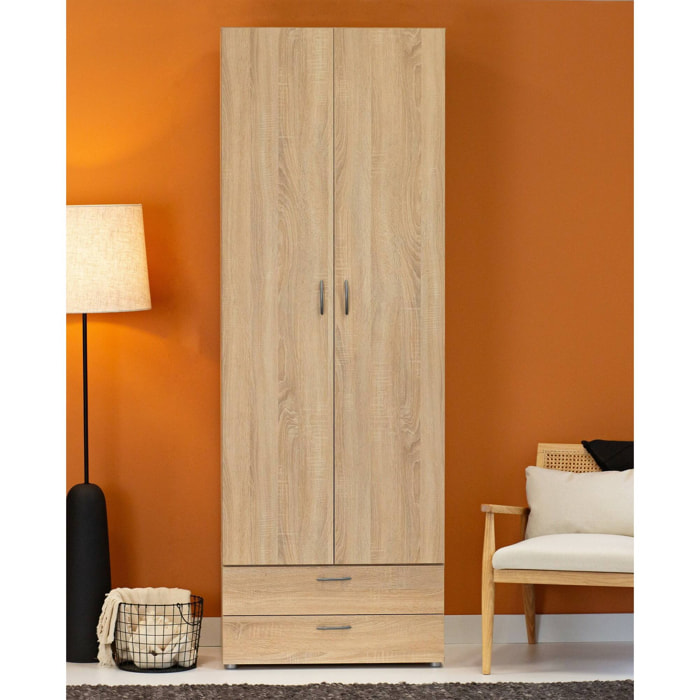 Guardaroba 2 ante Buriasco, Mobile camera da letto, Cabina armadio portabiti, Armadio appendiabiti, 74x52 h214 cm, Rovere